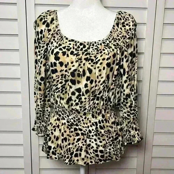 Cato Leopard Print Scoop Neck 3/4 Sleeve Smocked Peplum Top Size Large - Picture 1 of 8